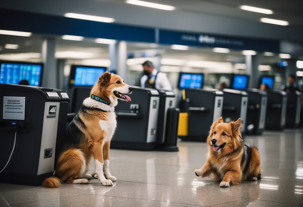 Dogs being checked by customs officials at an airport before boarding an international flight