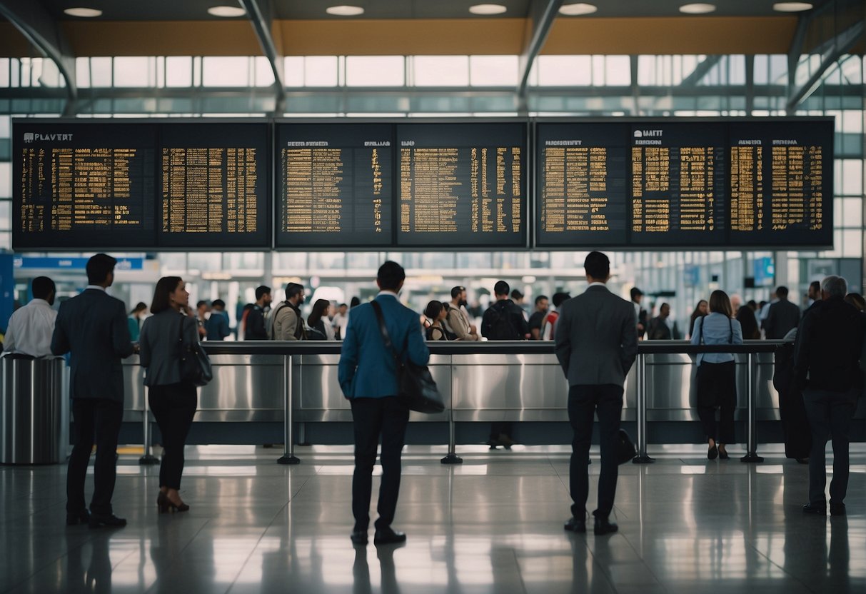 Passengers waiting in line at airport security, with signs displaying international travel alerts in multiple languages