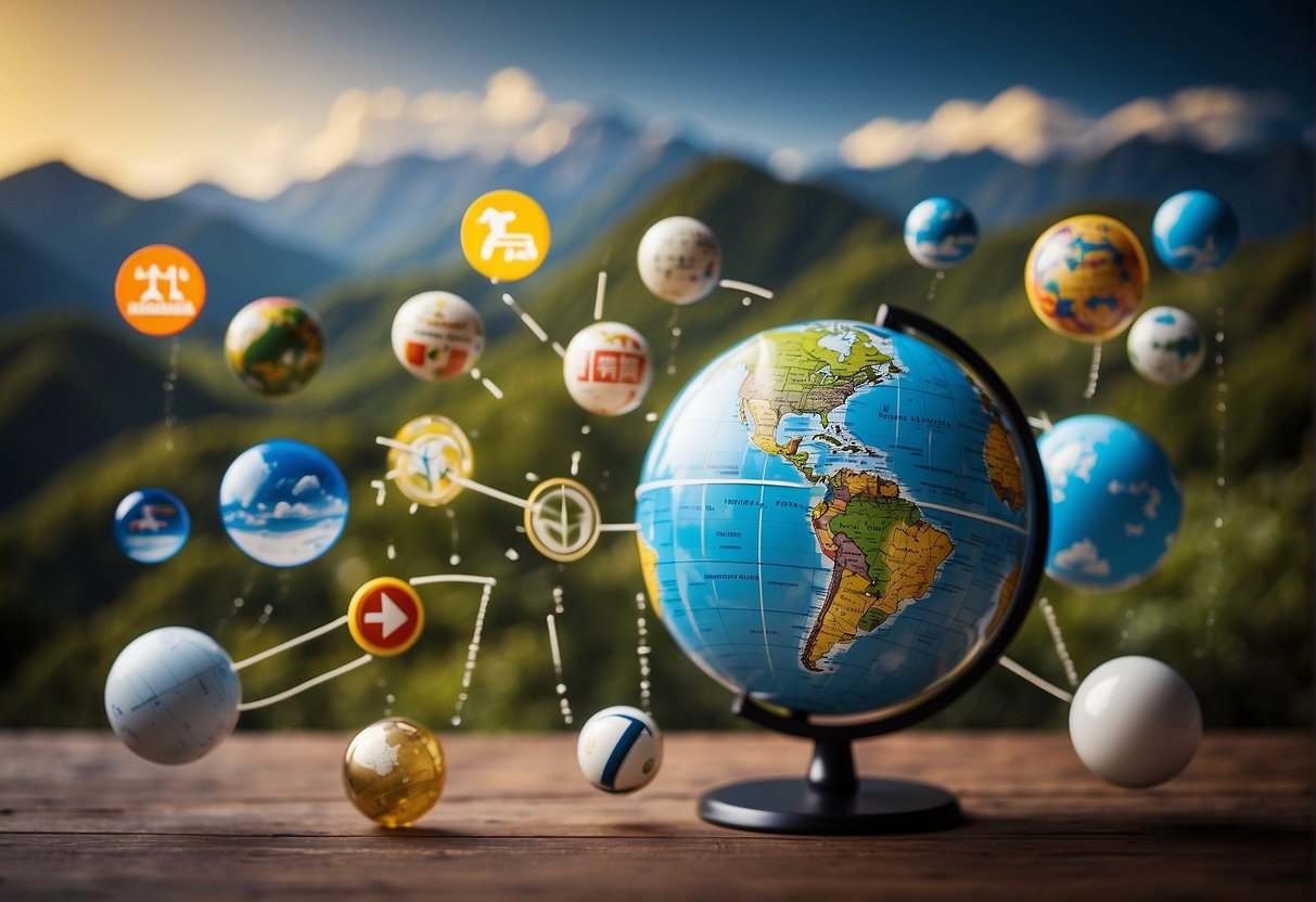 A globe surrounded by eco-friendly travel symbols and international alert signs