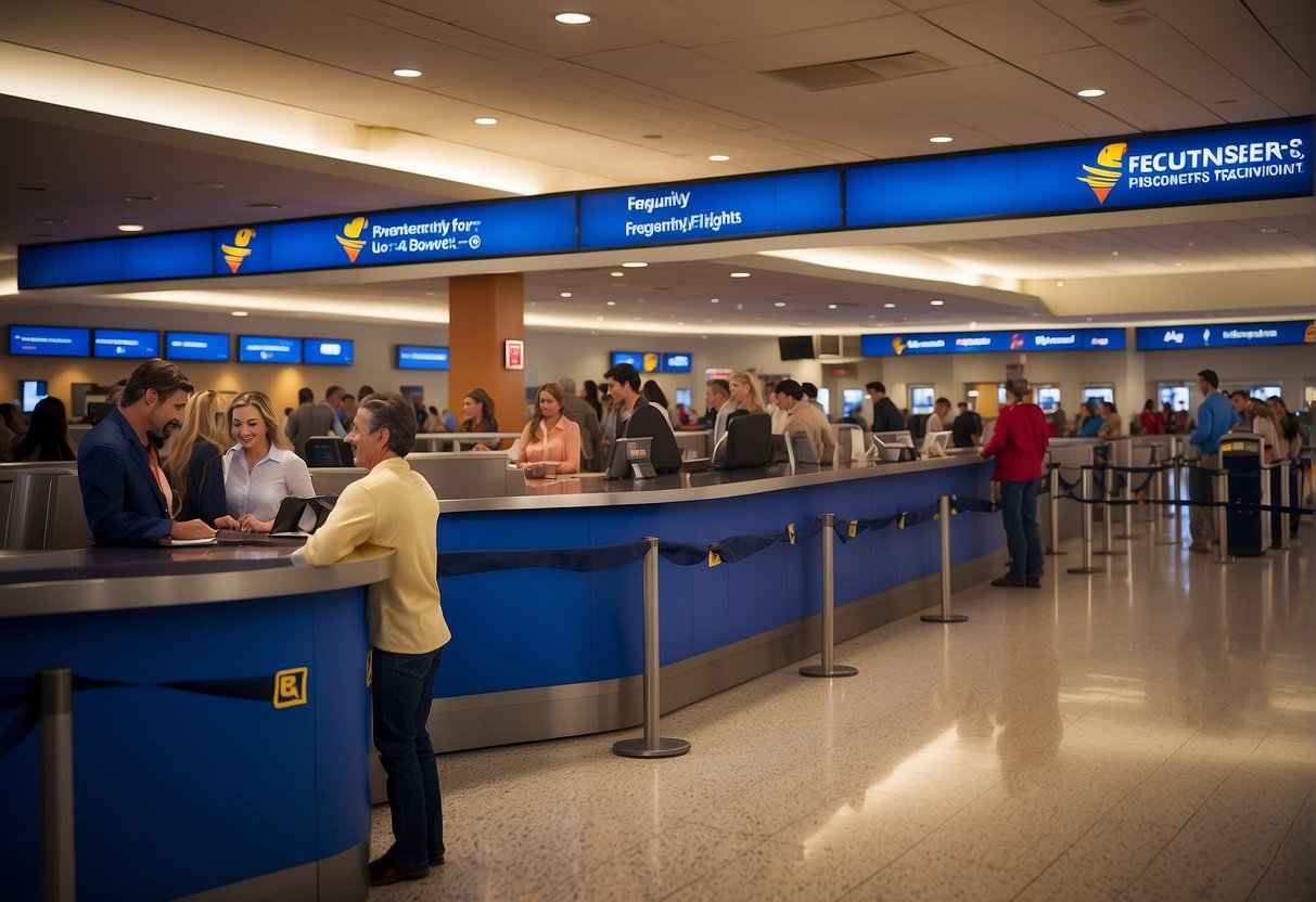 Passengers lining up at a Southwest Airlines check-in counter, with a sign above reading "Frequently Asked Questions for International Flights."