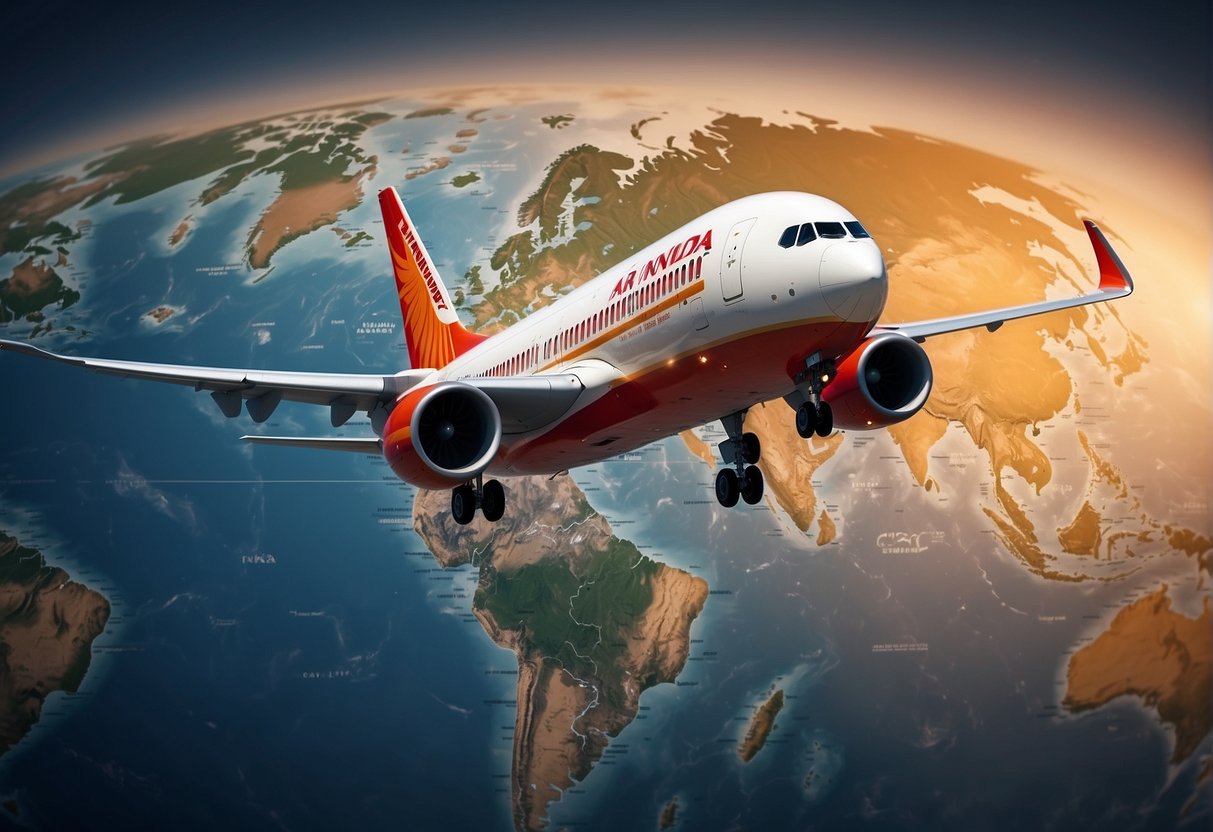 Air India international flights FAQ page with logo, globe, and list of questions. Background shows airplanes and world map