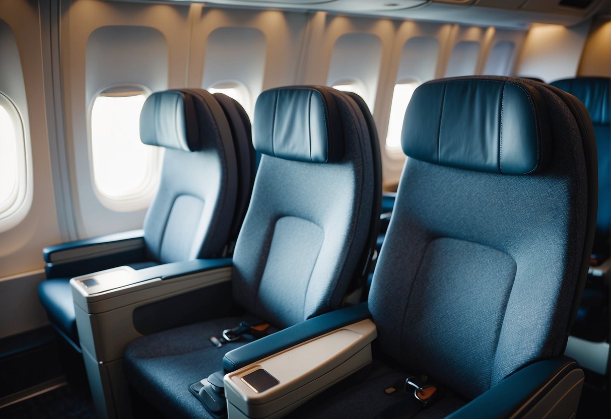 Passengers in spacious, comfortable seats in Business Class. Economy Class filled with passengers watching movies and enjoying meals. Premium Economy offering extra legroom and amenities