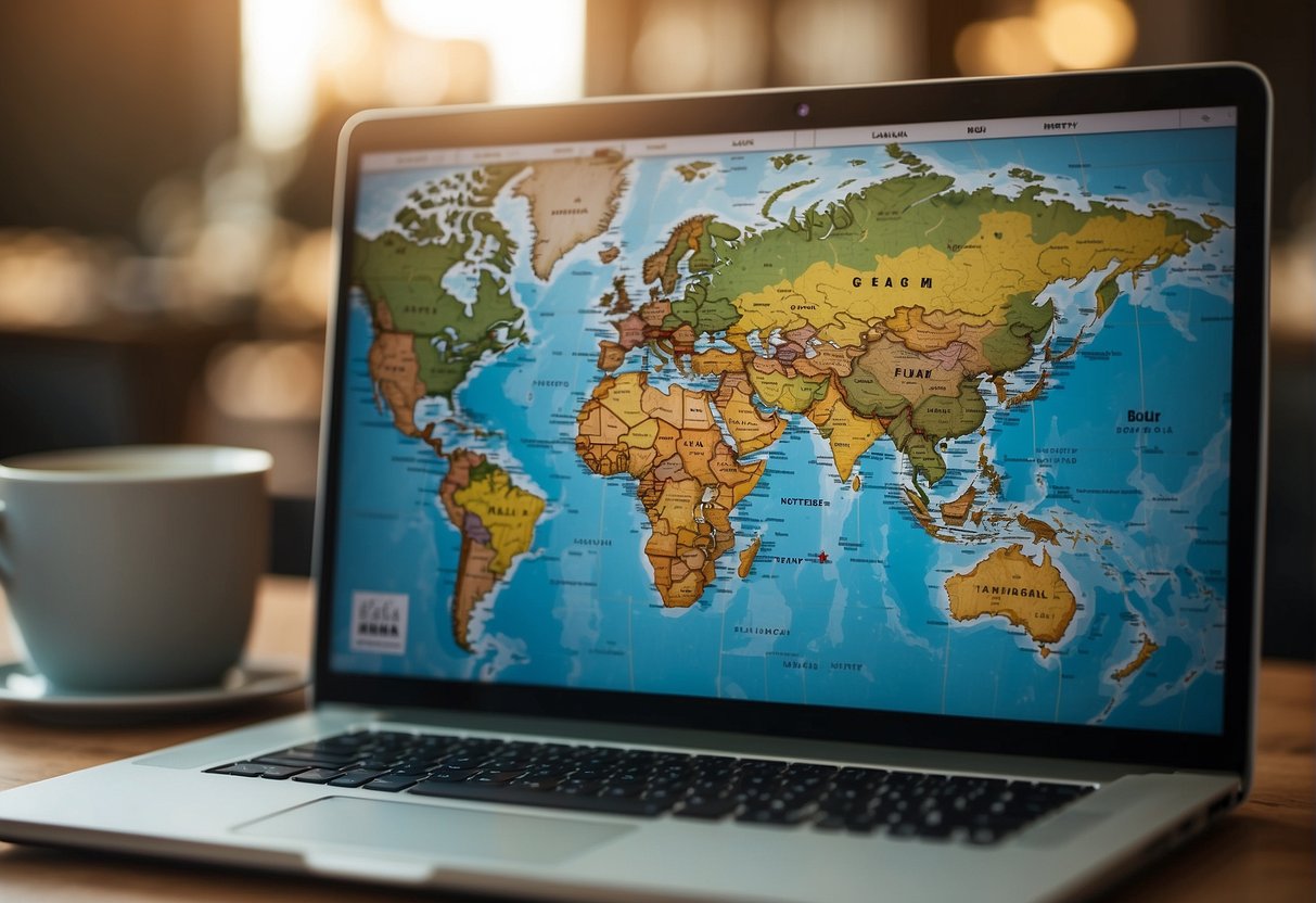 A world map with multiple destinations marked, surrounded by travel guides and a laptop displaying flight options