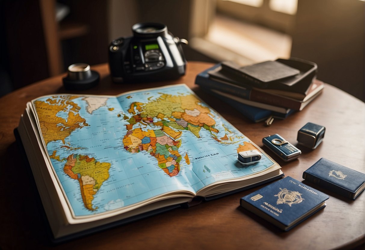 A world map with various destination markers, a passport, and a travel guidebook laid out on a table