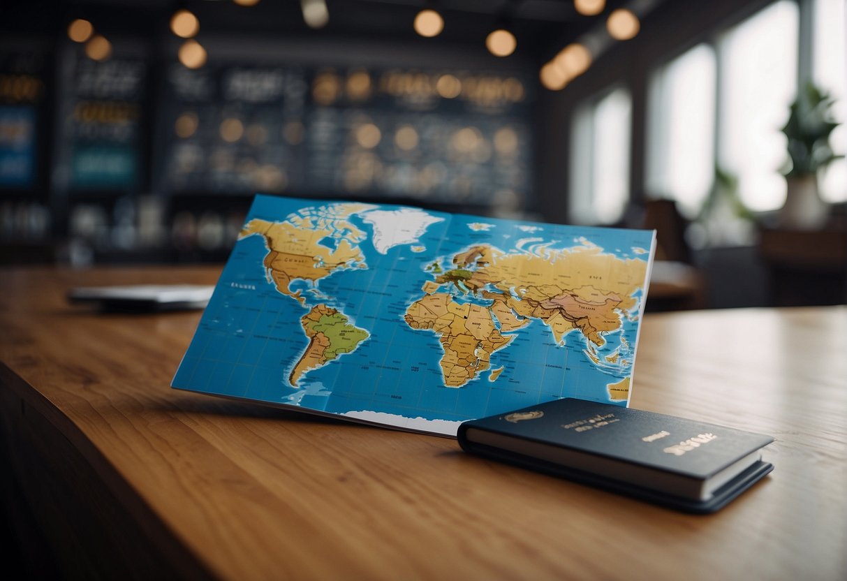 Passport, suitcase, airplane, globe, and travel brochures on a desk. A world map on the wall with pins marking various destinations