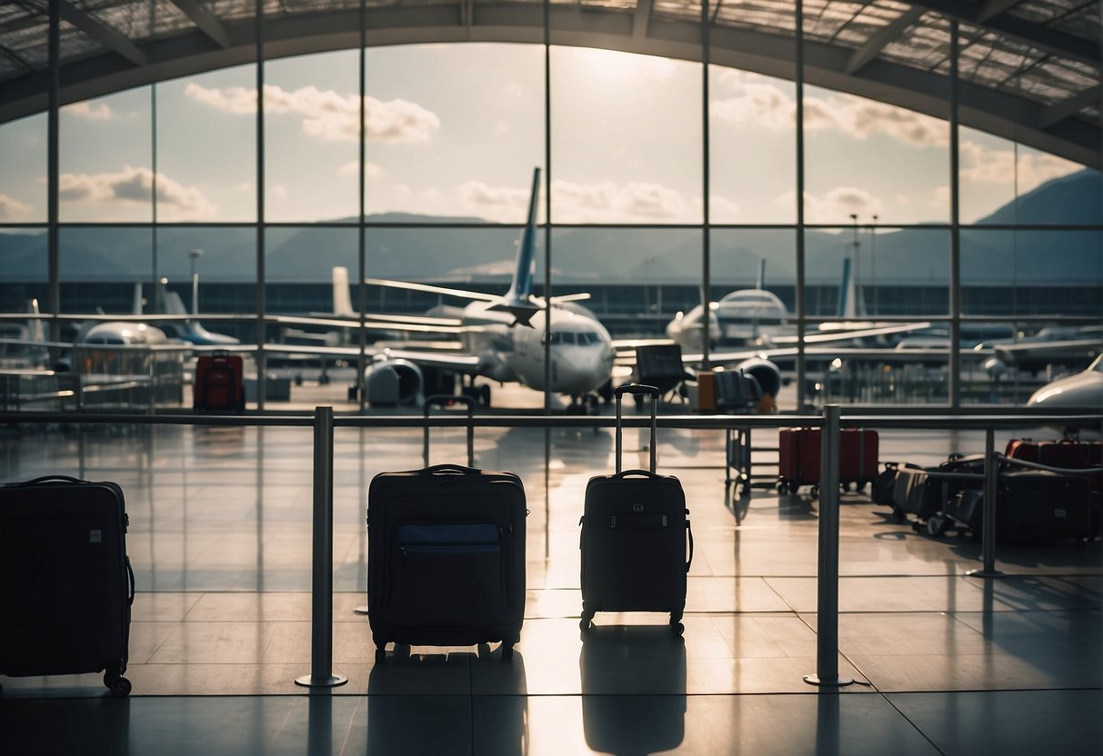 An airport with planes on the runway, luggage carts, and bustling travelers. The scene depicts international travel careers and working conditions