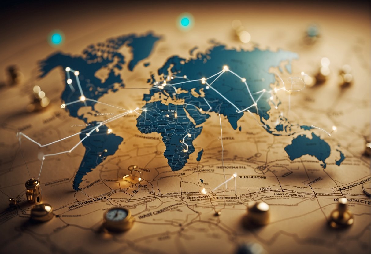 A world map with various destinations connected by dotted lines, surrounded by symbols representing different careers and landmarks