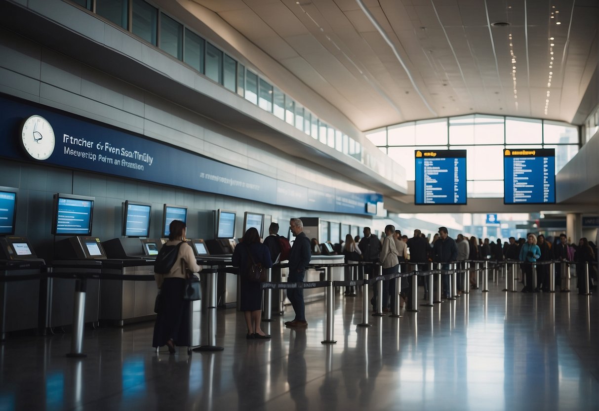 A line of people waits at airport security, holding passports and paperwork for Trusted Traveler Programs. Signs display eligibility and application information