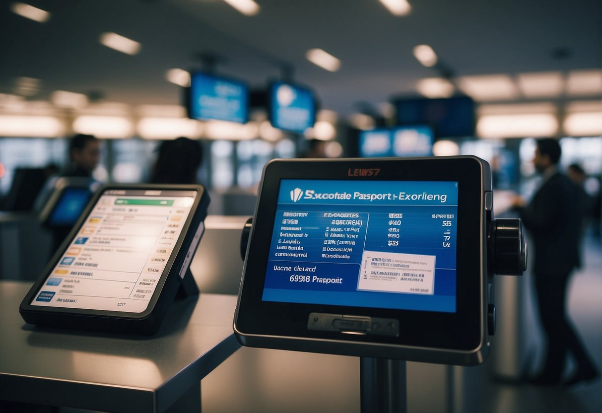 Passport and currency exchange at airport TSA checkpoint. Fees displayed on digital screens. Security officer checking documents