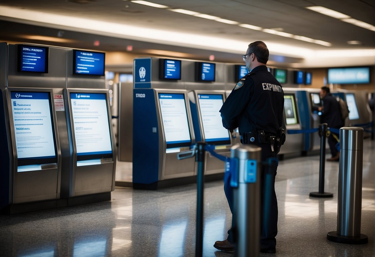 Passengers entering airport security, showing passports and boarding passes to TSA agents. Global entry kiosks for expedited processing