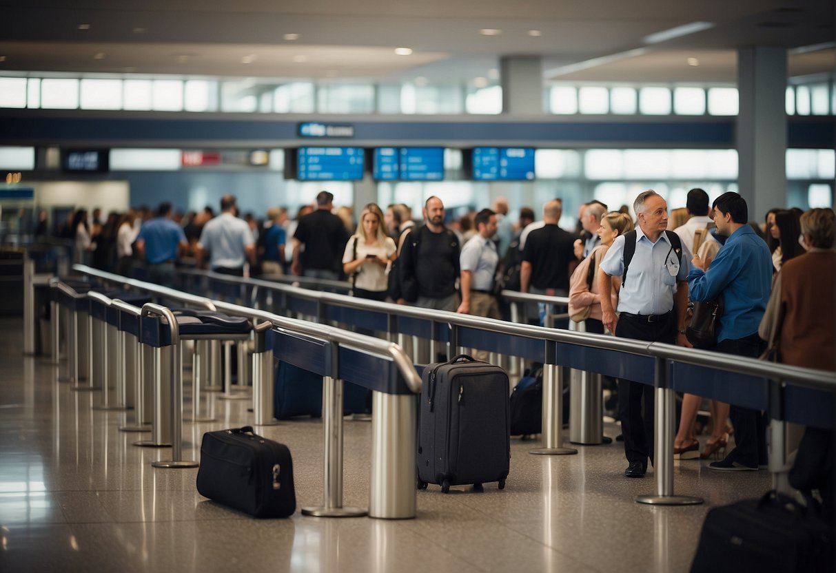 Passengers lining up for TSA inspection, some compliant, others violating rules. Bags and belongings scattered on conveyor belts