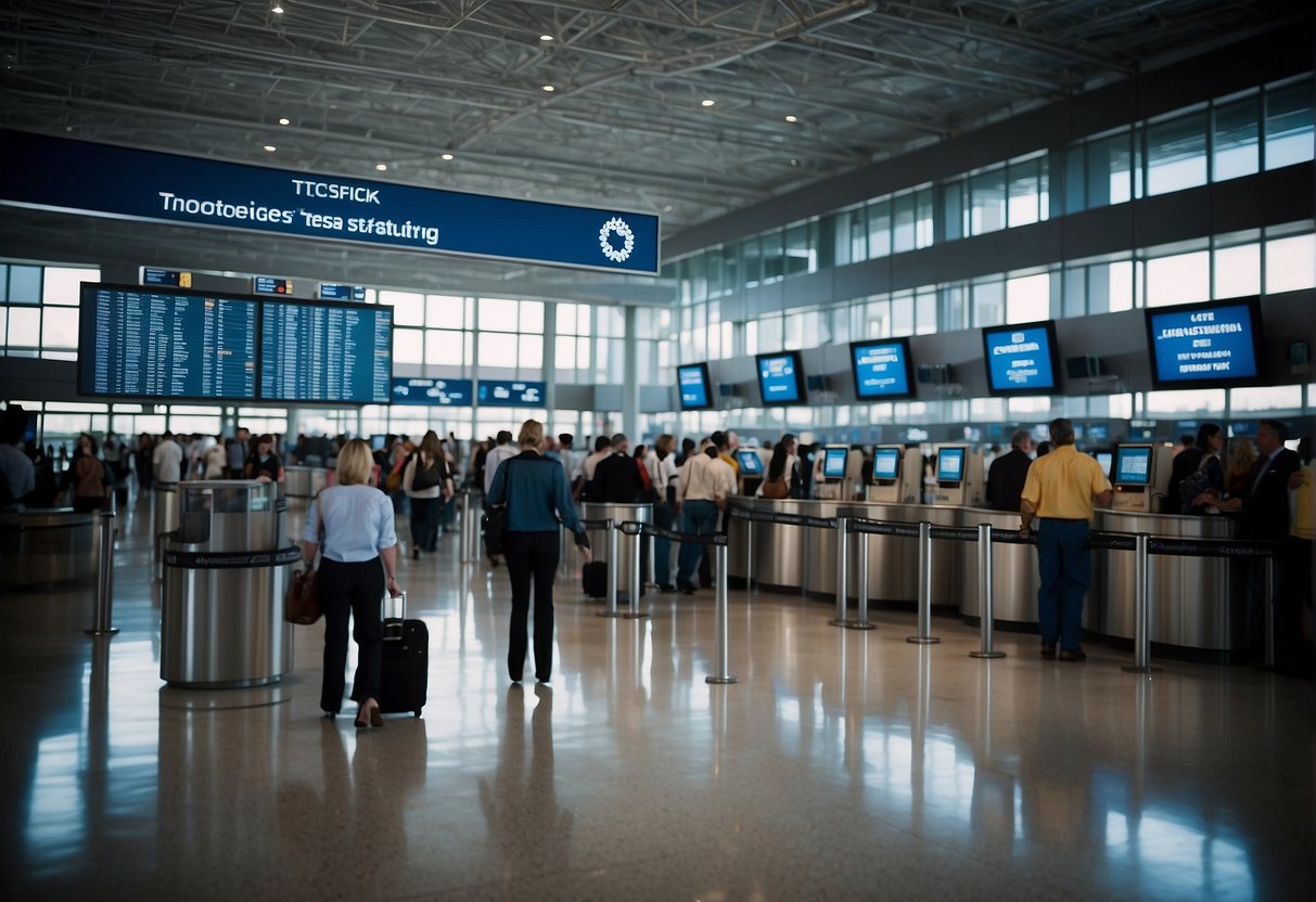 Passengers going through TSA pre-check at an international airport, showing their Trusted Traveler status for expedited security screening