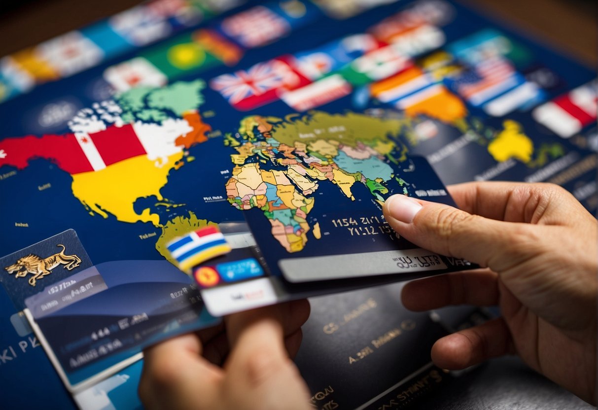 A hand holds multiple credit cards with different country flags, surrounded by travel essentials like a passport, boarding pass, and a world map