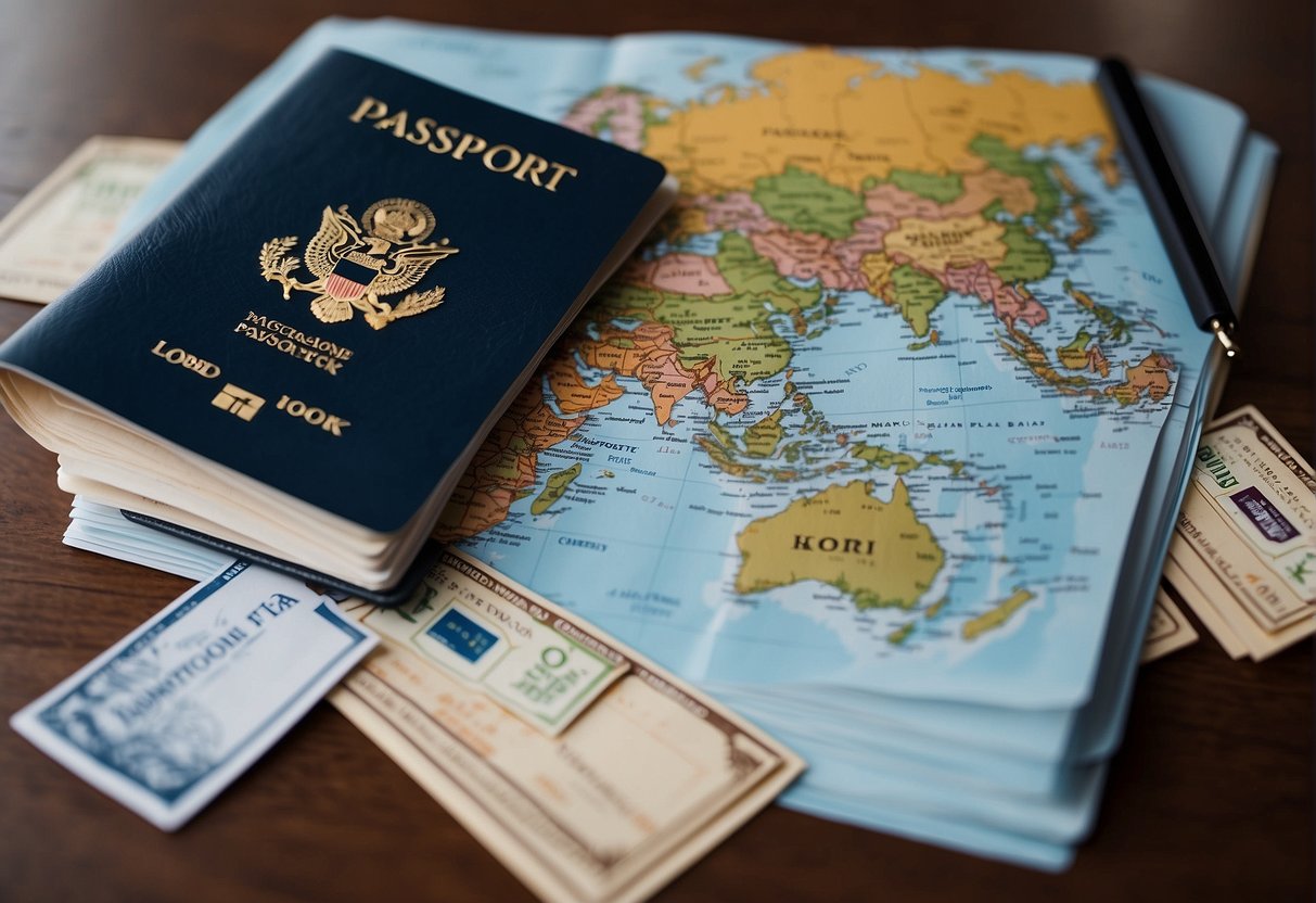 Passport, boarding pass, and world map on a table with a suitcase