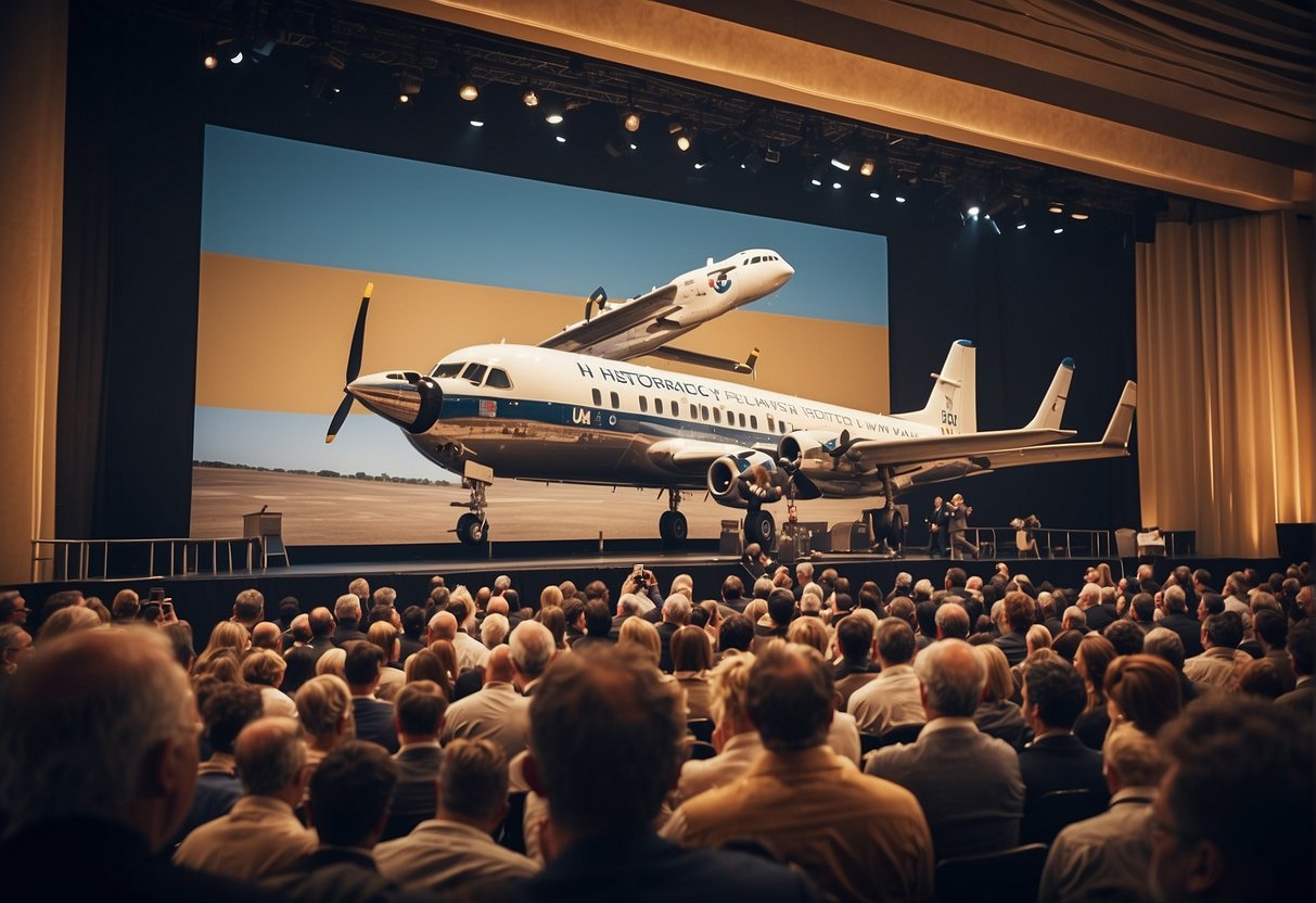 A stage with vintage aircraft models and a banner reading "Historical Performance: Best US Airlines." Crowd of people watching