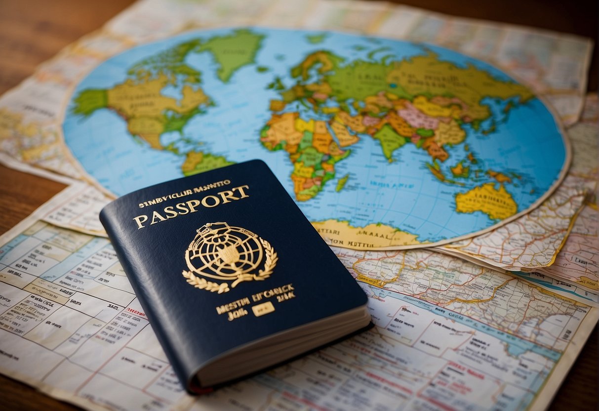Passport, globe, and calendar on a desk. The calendar shows specific dates circled for international travel. A map of the world hangs on the wall