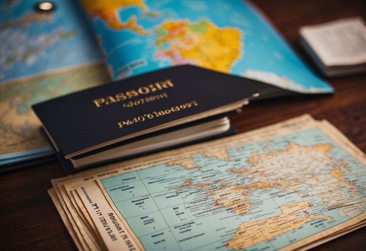 Passport, map, and plane ticket on a table. Calendar with marked cheapest travel days. Globe in the background