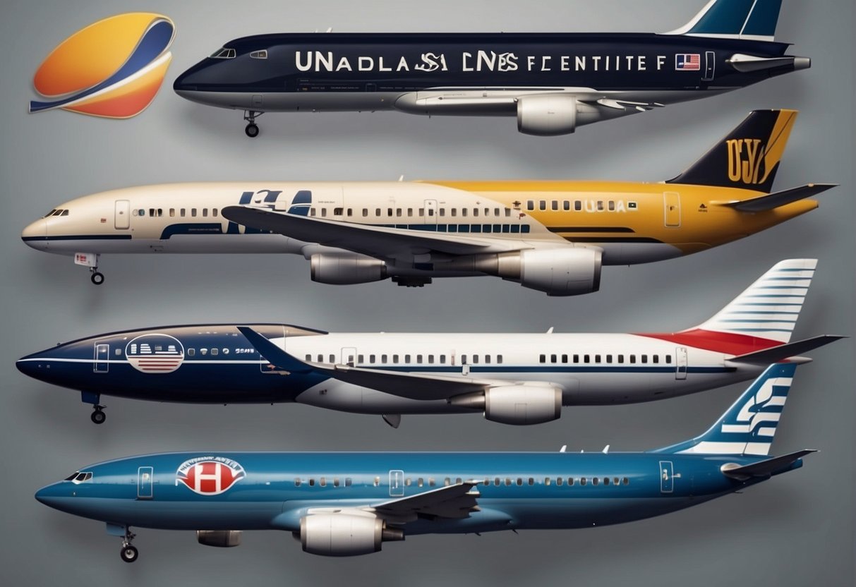 U.S. airline logos and aircraft from different eras lined up in a chronological timeline, showing the evolution of major airlines in the United States