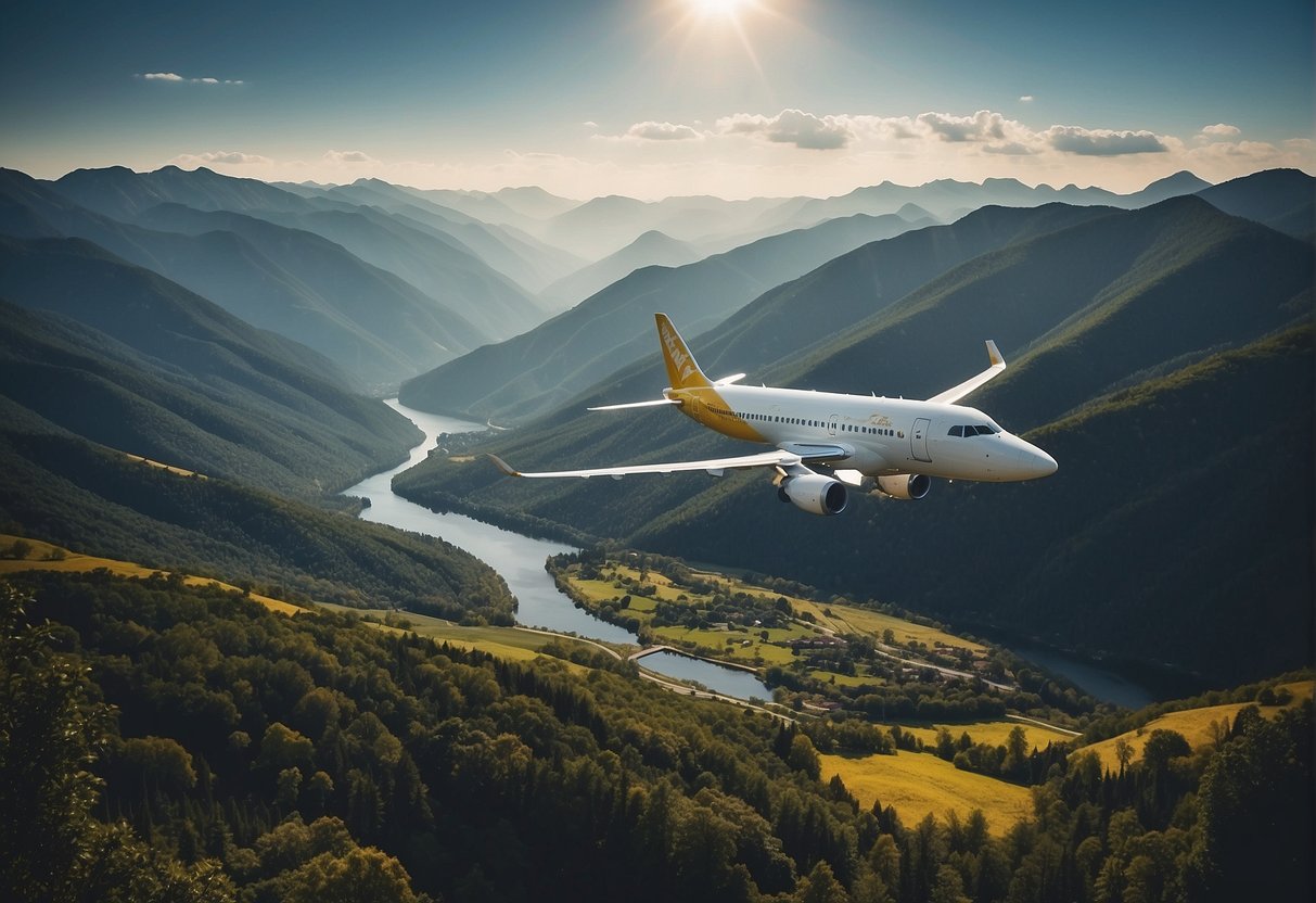 A group of airplanes flying over a landscape with various environmental features, such as mountains, forests, and bodies of water, while complying with regulatory guidelines