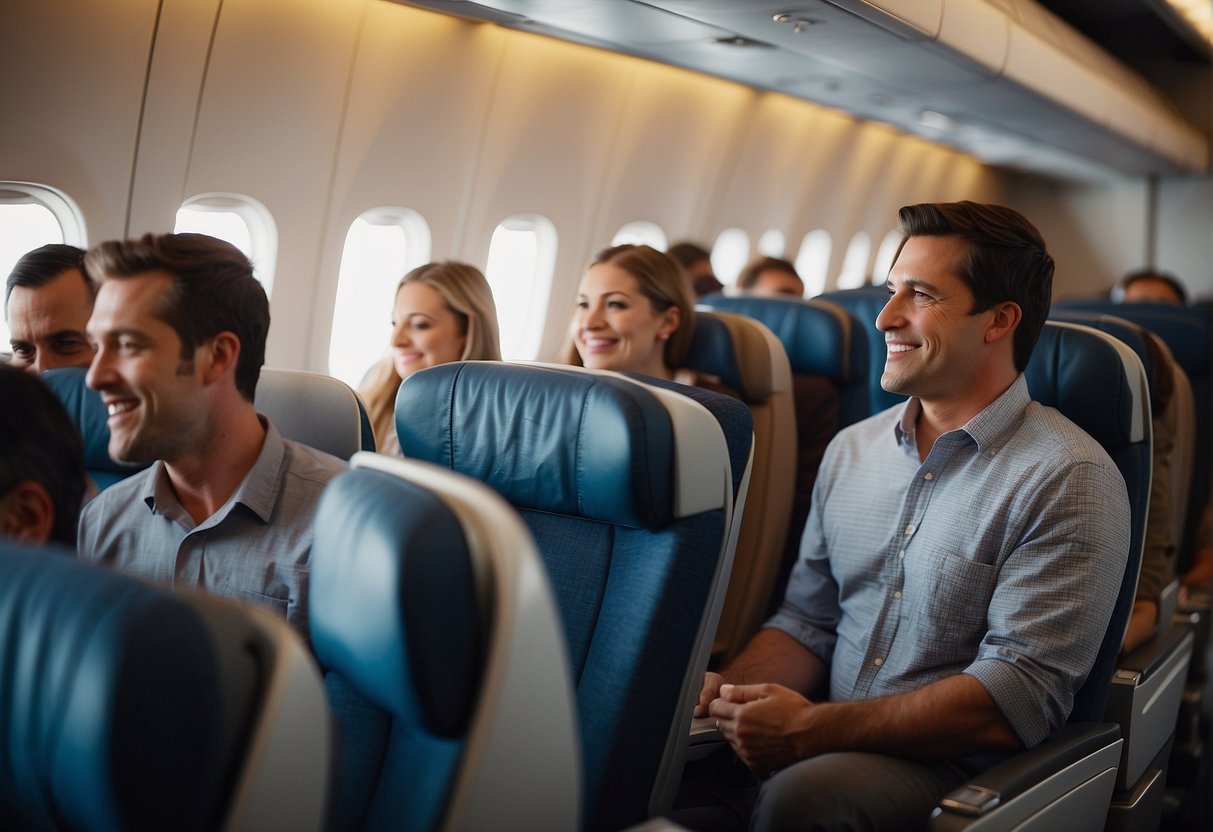 Passengers enjoying comfortable seats and friendly service on a modern US airline flight