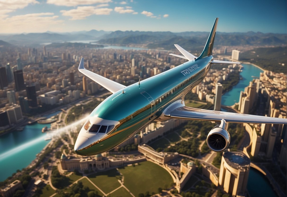 A vibrant airplane soaring over iconic international landmarks. Text highlights Frontier's flight features and benefits