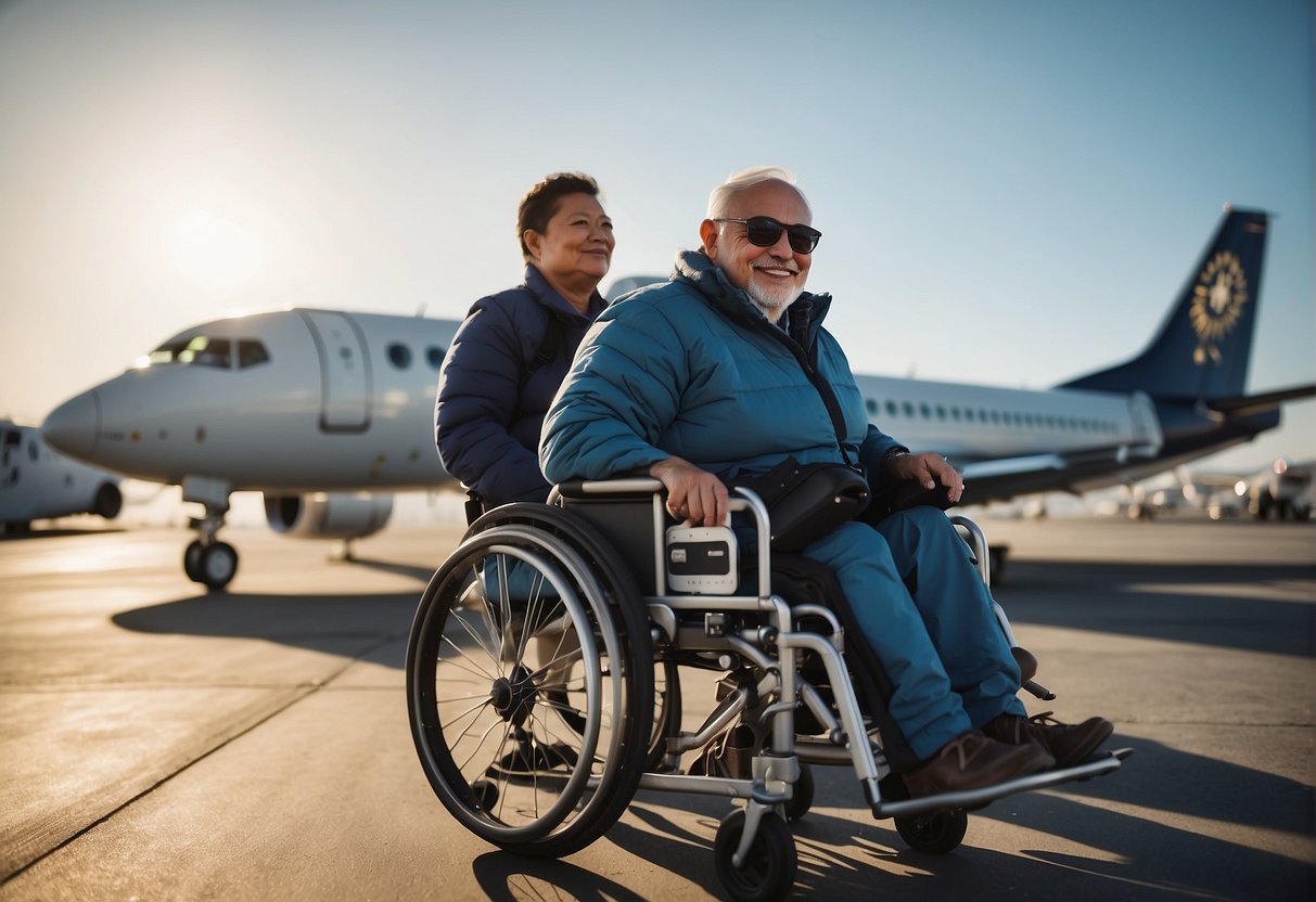 Passengers of diverse abilities board a plane with ease, using accessible ramps and facilities. Staff provide inclusive services for all travelers