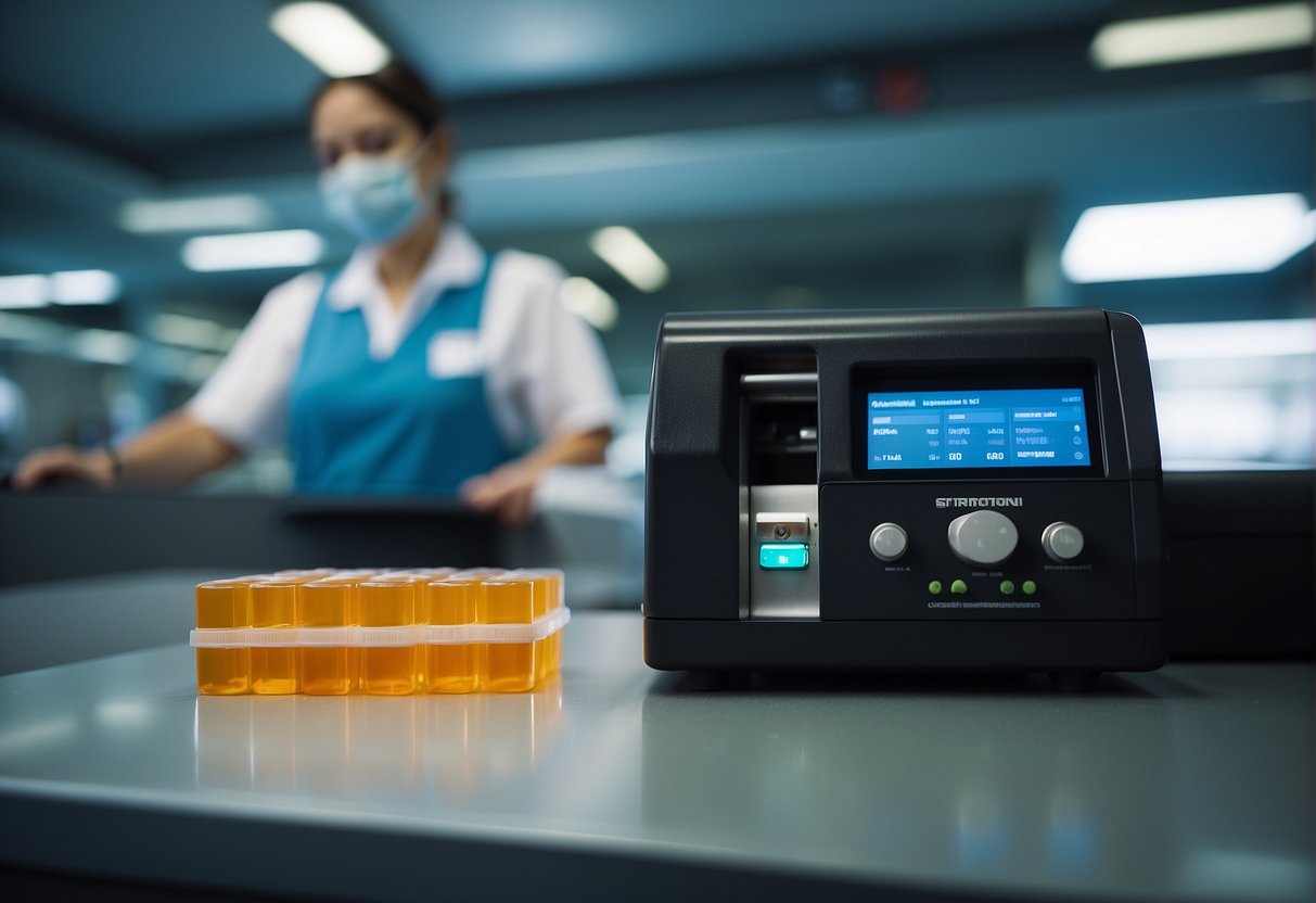 A suitcase on a conveyor belt passes through security scanners while a customs officer inspects a vial of prescription drugs