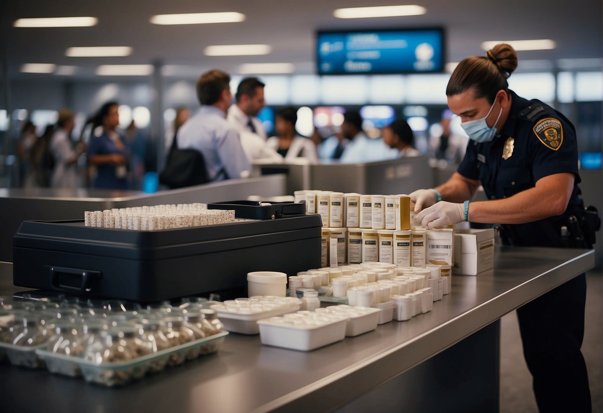 A traveler unpacks prescription drugs at airport security checkpoint. Signs display international travel prescription drug regulations