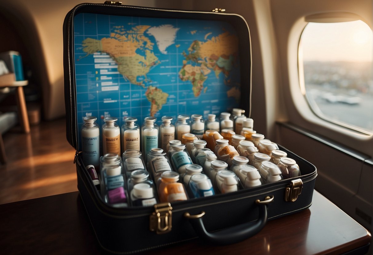 A suitcase open with neatly organized rows of prescription medication bottles and a travel-sized pill organizer, surrounded by a world map and airplane tickets