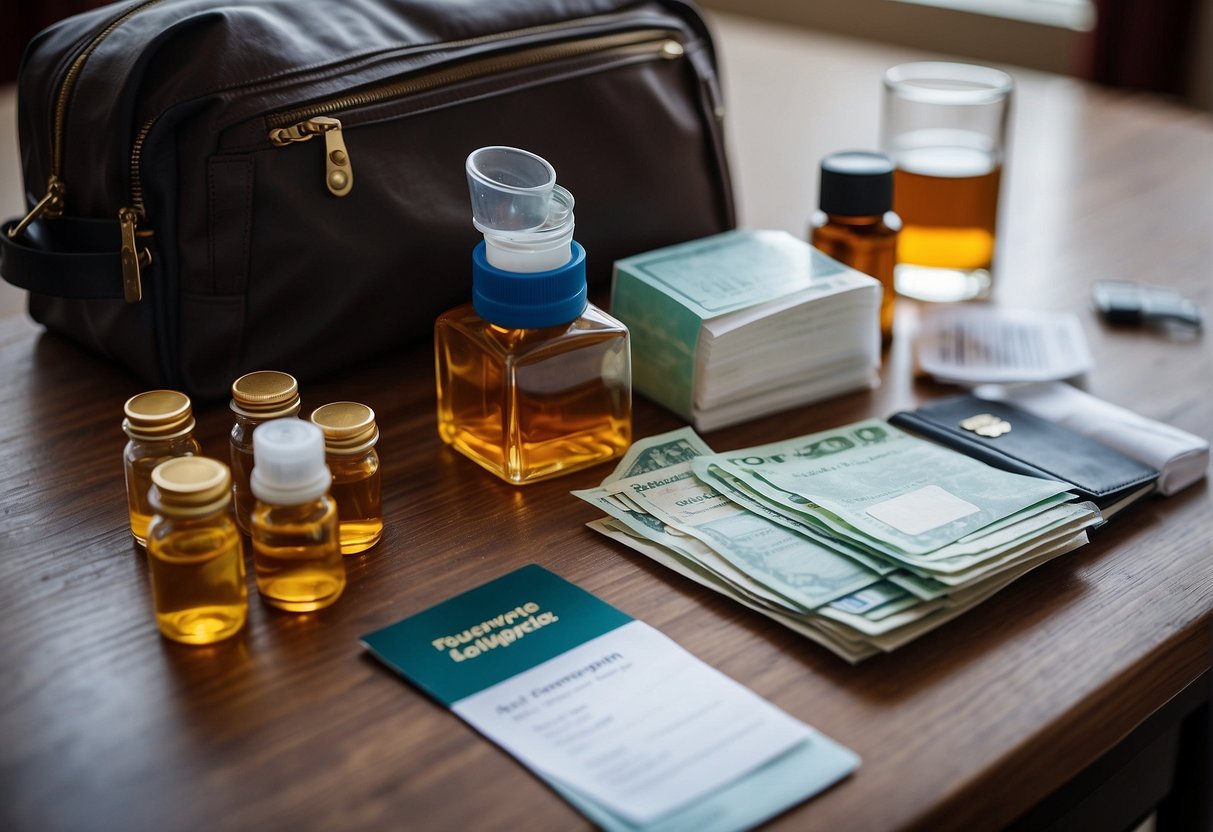 A travel bag with prescription drug bottles, passports, and boarding passes on a table