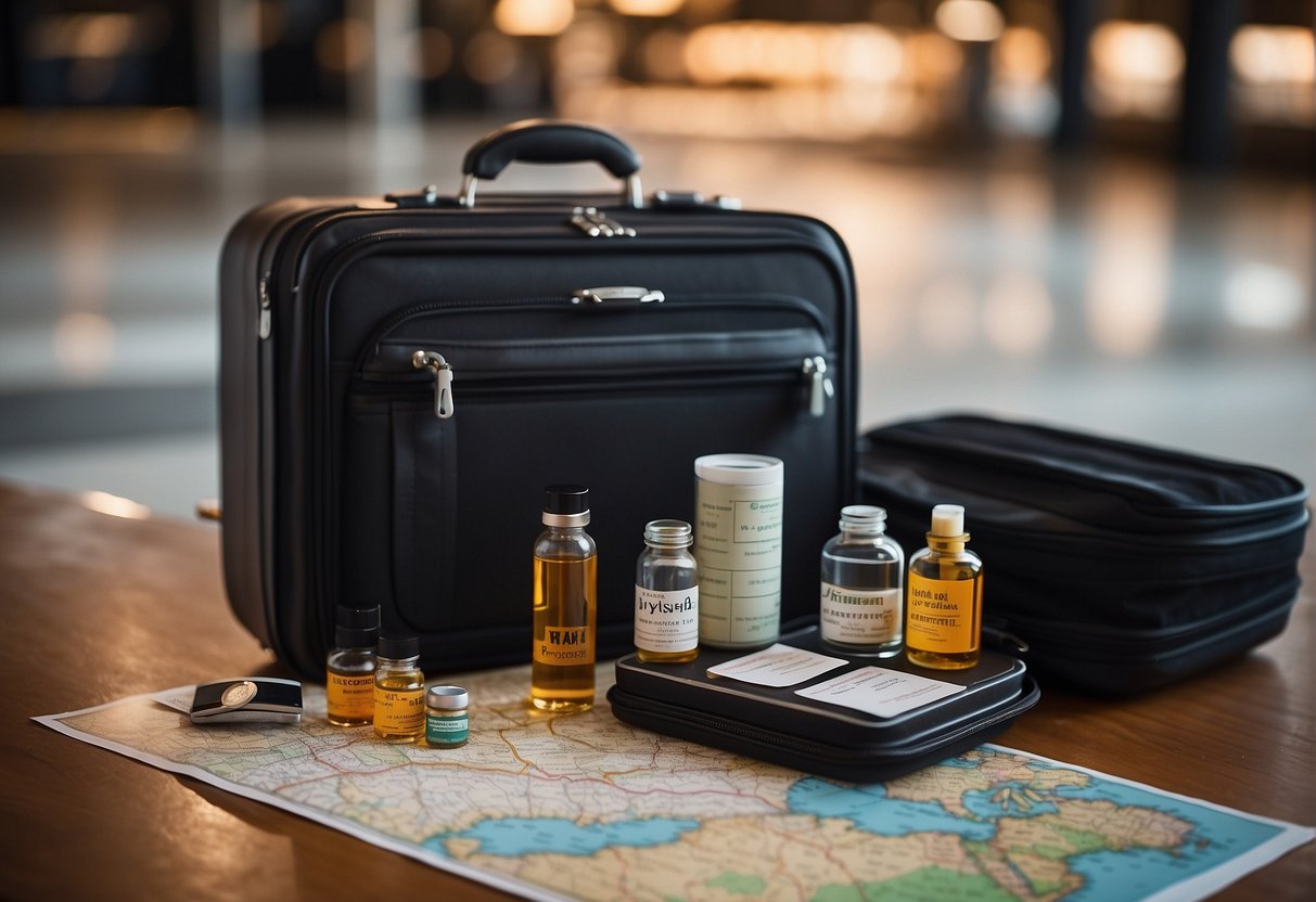 A traveler's suitcase open, filled with labeled prescription drug bottles and a passport. A map of the world is visible in the background