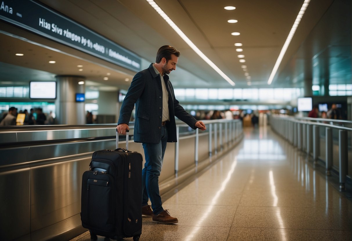 A person at the airport adjusts their luggage to accommodate unexpected changes in their international travel plans, including a supply of prescription drugs