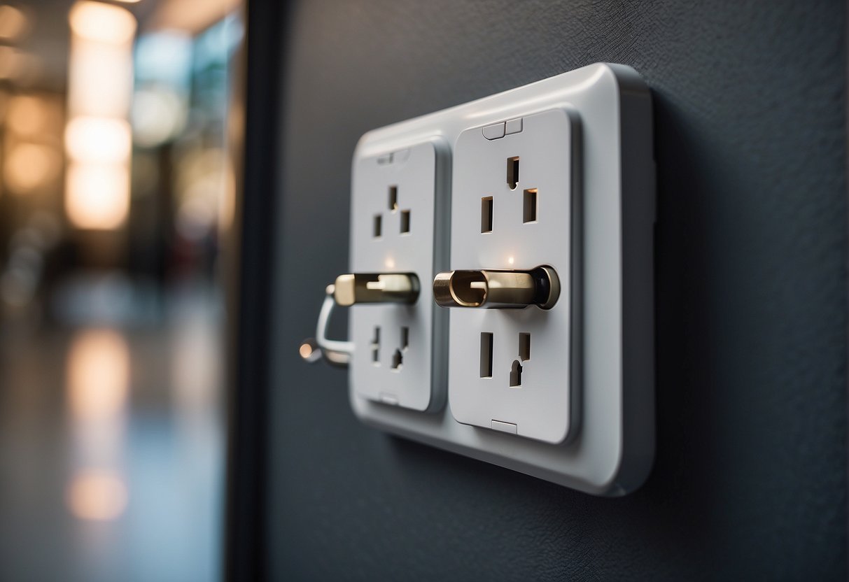 An international travel adapter plug is inserted into a wall socket with various electronic devices plugged into it, representing global connectivity