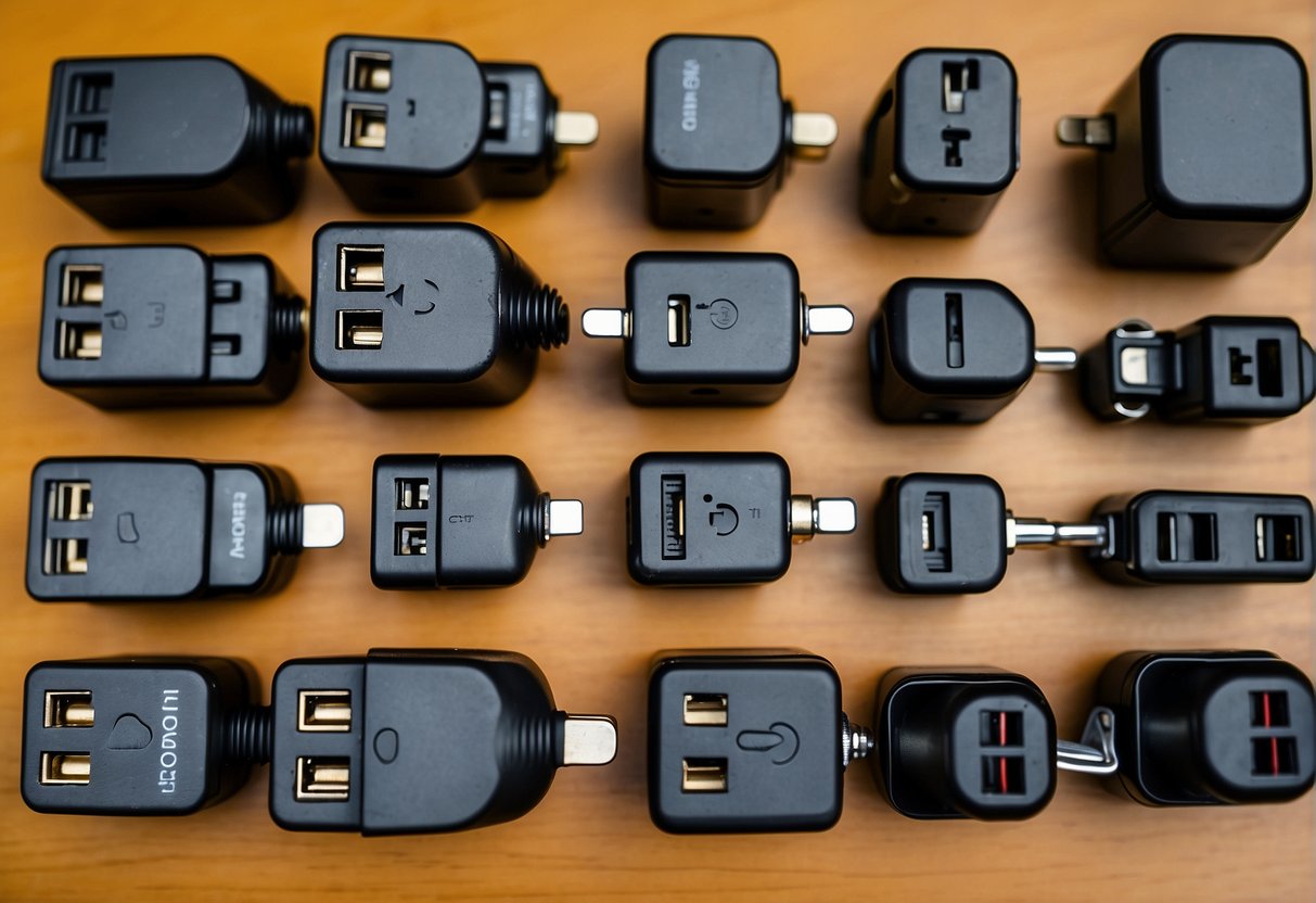 A variety of international travel adapter plugs arranged neatly on a table, showcasing different sizes and configurations