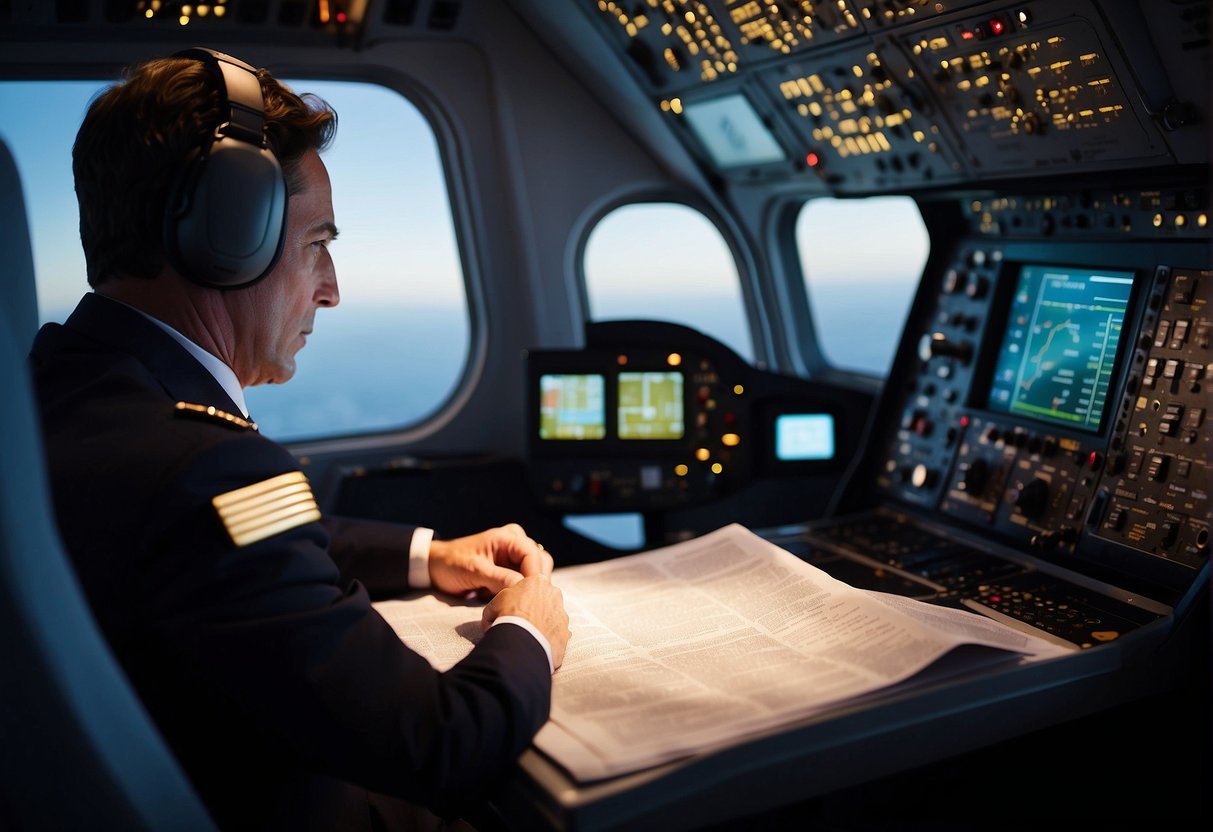 A pilot wearing a uniform checks the safety regulations manual in the cockpit of a commercial airliner