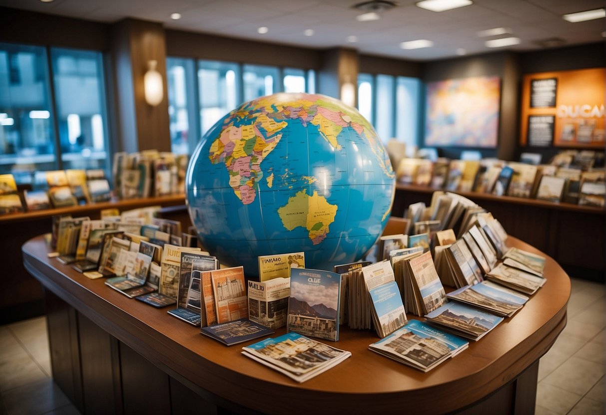 A bustling travel agency with a world map on the wall, colorful brochures on display, and a large globe in the center of the room