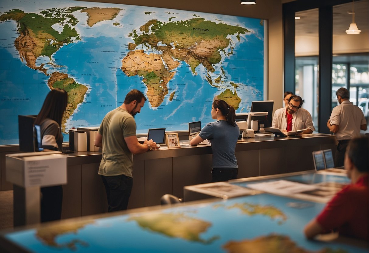 A bustling travel agency with a world map on the wall, customers browsing brochures, and staff assisting with international travel plans