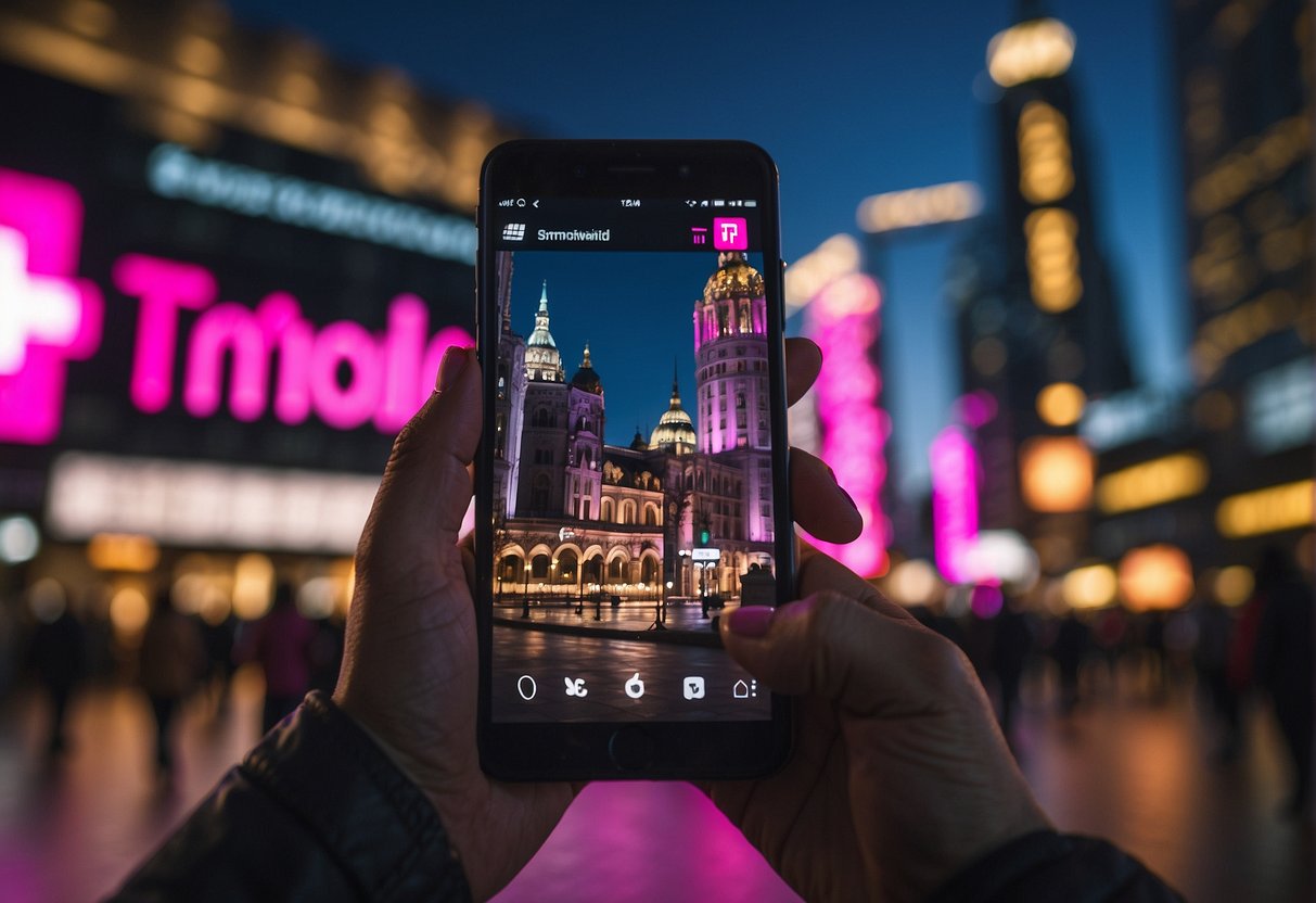 A person using a smartphone with T-Mobile's logo, surrounded by international landmarks and travel essentials