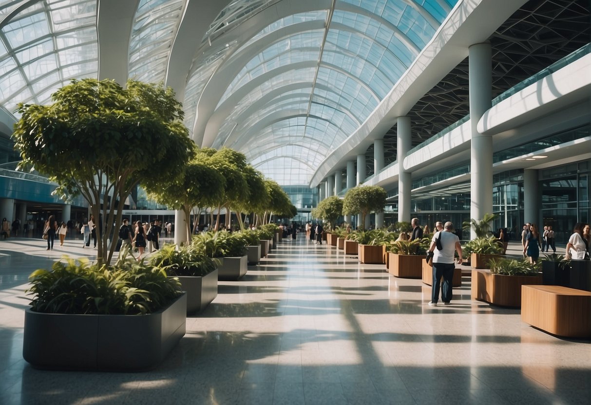 A bustling airport with sleek, modern architecture, bustling with activity, and surrounded by lush greenery and clear blue skies