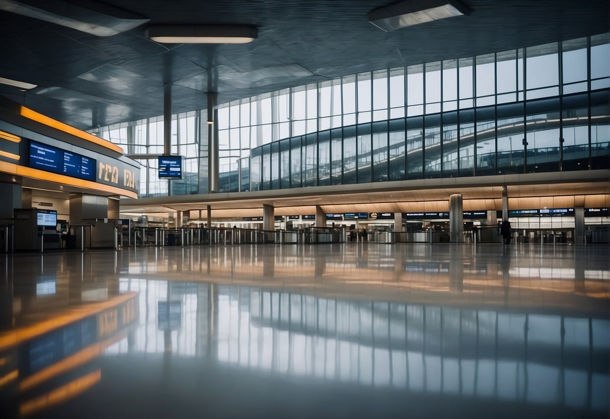 A bustling airport with modern architecture, efficient facilities, and excellent customer service. A ranking board displaying top airports worldwide