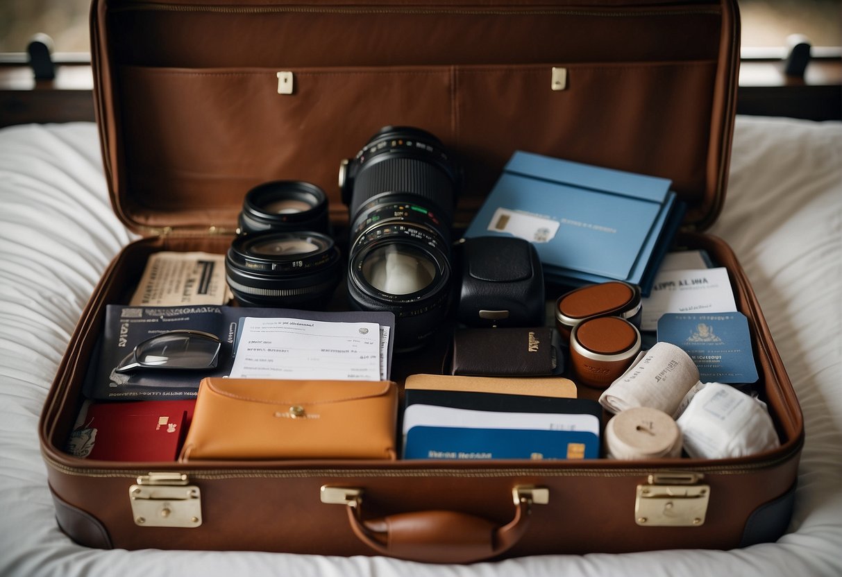 A suitcase open on a bed, filled with clothes, toiletries, and travel documents. A passport and boarding pass lay on top