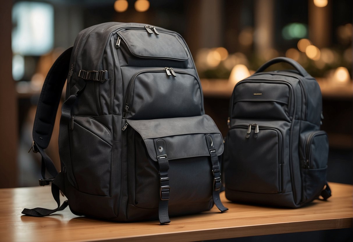 A sleek, durable backpack with multiple compartments and padded straps. It is packed with travel essentials like a passport, camera, and a guidebook