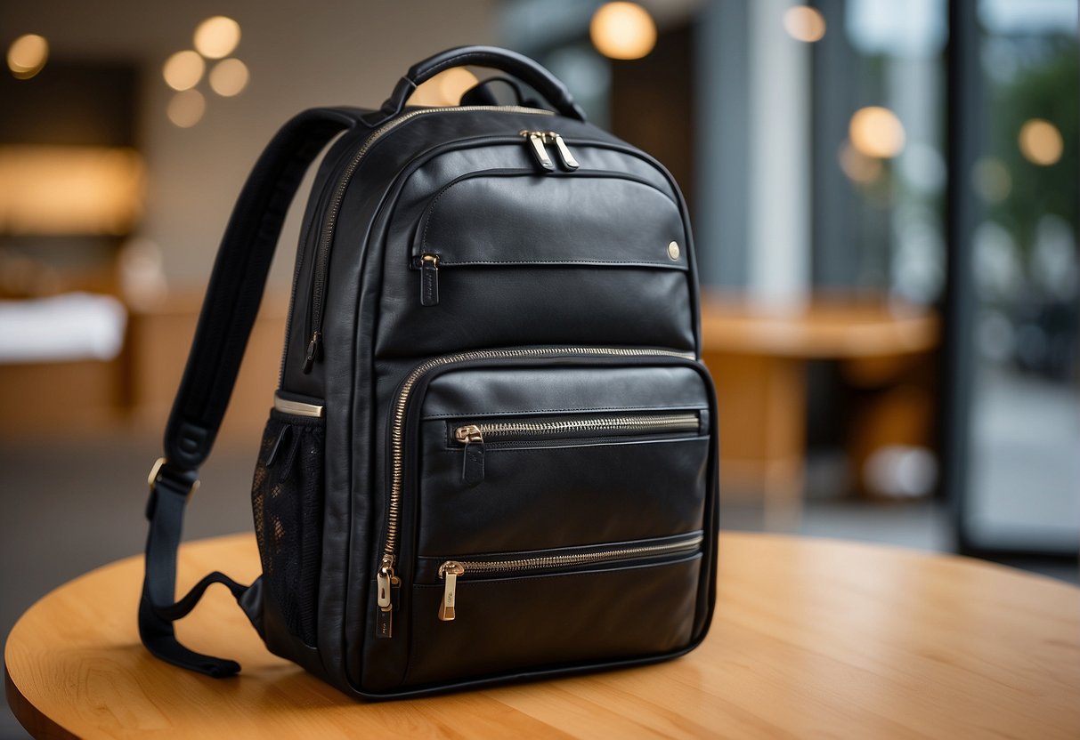 A sleek, modern backpack with multiple compartments and a laptop sleeve, designed for international business travel