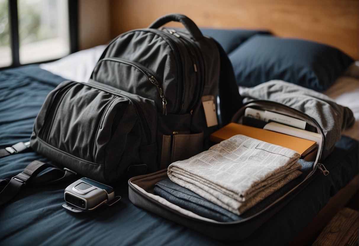 A traveler's carry-on backpack sits open on a bed, packed with neatly folded clothes and travel essentials. Maps, a water bottle, and a passport peek out from the pockets