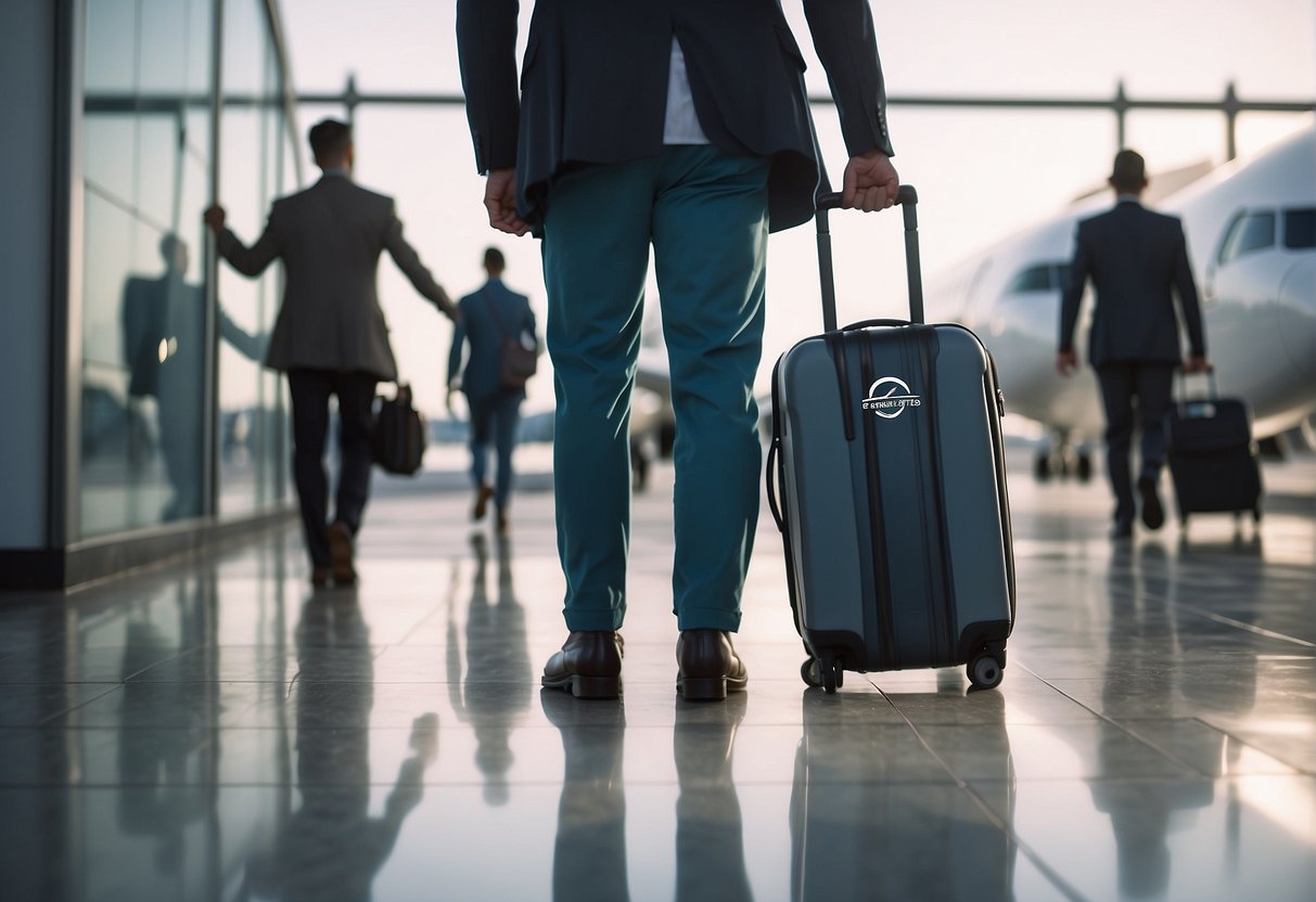 Passengers boarding planes with "Expert Traveler Tips" logo. Airline staff assisting. Bright, modern airport setting