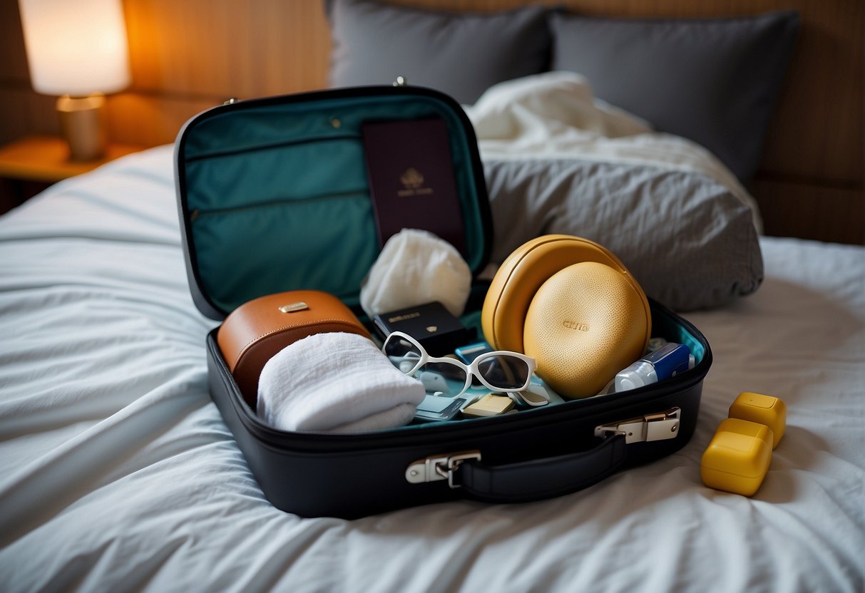 A suitcase open on a bed, filled with a neck pillow, eye mask, earplugs, travel-sized toiletries, and a passport holder