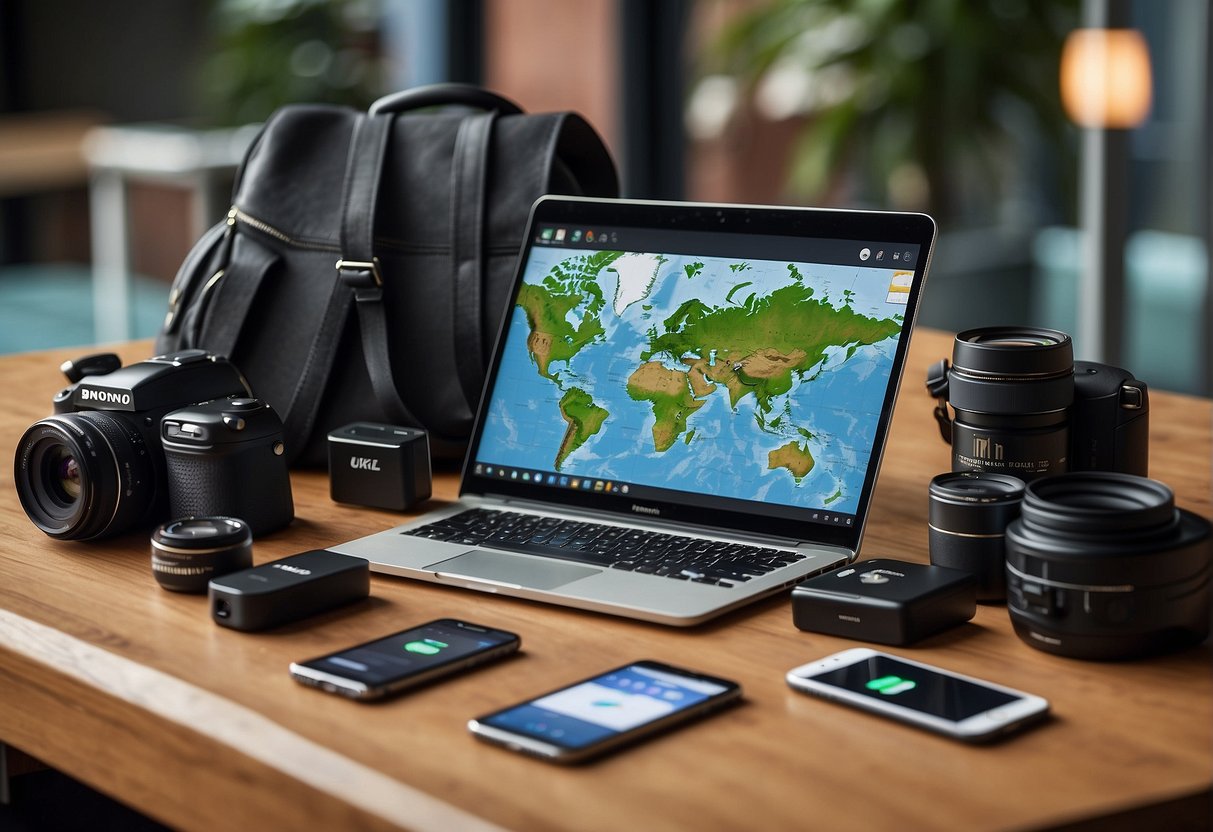 The travel pack includes a laptop, smartphone, camera, power bank, and adapter. All neatly arranged on a table with a world map in the background