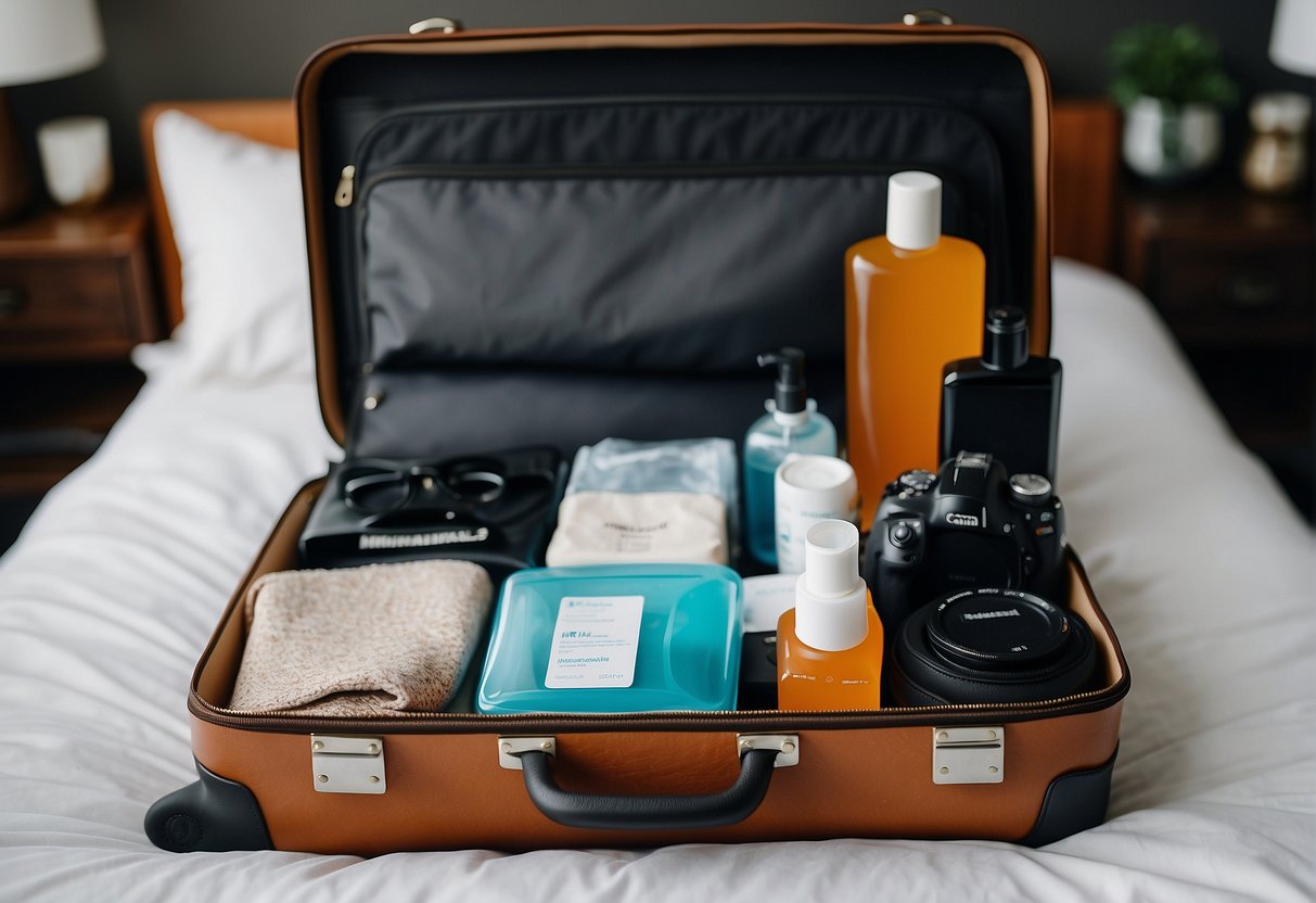 A suitcase open on a bed, filled with travel essentials: passport, first aid kit, hand sanitizer, face masks, and travel-sized toiletries