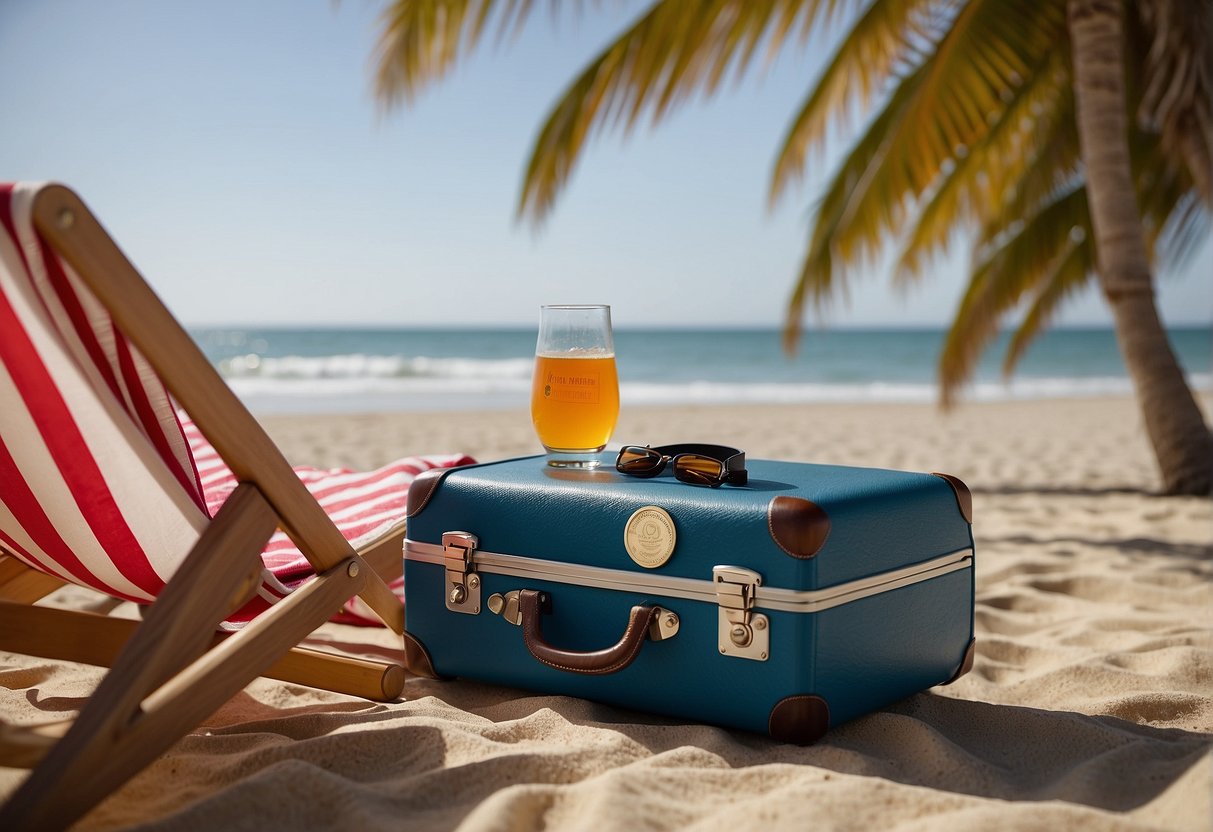 A suitcase with a Trawick travel insurance sticker sits on a beach chair next to a pair of sunglasses and a beach towel