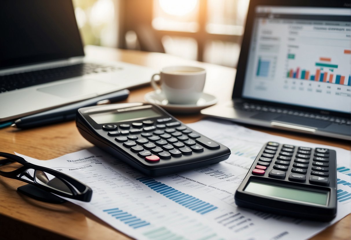 A desk cluttered with spreadsheets, receipts, and a calculator. A laptop open to a cost analysis report for Trawick travel insurance